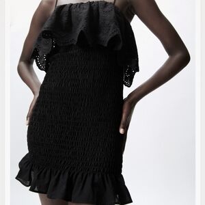 ZARA cotton embroidered smocked dress black xs